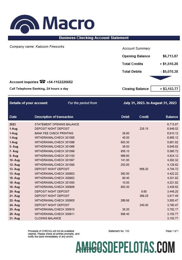 Baixável Banco Macro Organização Extrato de conta corrente Modelo Word e PDF
